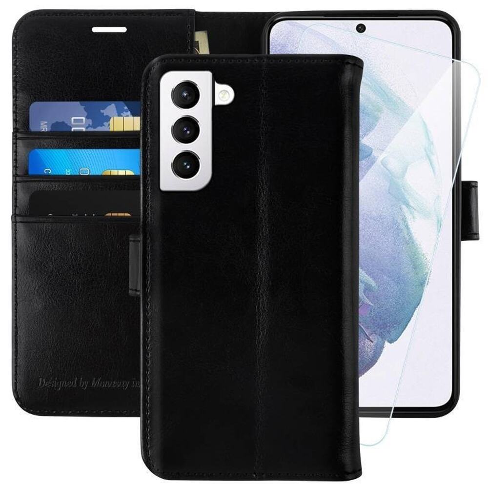 MONASAY Wallet Case Compatible for Galaxy S21 Black, Screen Protector Included
